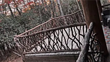 A drawknifed locust handrail following the curve of a porch stair